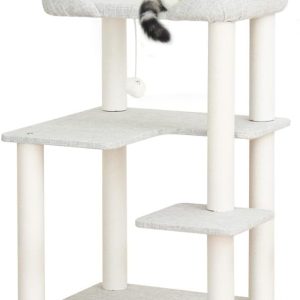 Cat Tree Tower Wooden 37.4''(95 cm), Large Cat Tree with Jump Platform & Play Ball for Indoor Cats, Ideal Cat's Climbing Frame & Playhouse (Linen Fabric Light Grey)