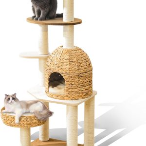 Large Wood Cat Tree Tower for Indoor Cats, Multi-Cats Scratching Post & Cat Condo with Handwoven Cat House Basket, Thick Sisal Posts, Modern Stable Cats Tower Furniture