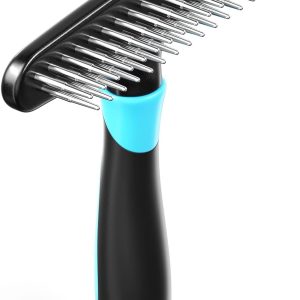 Deshedding Brush - Undercoat Rake for Dogs, Cats, Matted, Short, Long Hair Coats - Double Row Stainless Steel Pins - Reduce Shedding by 90% (Blue)