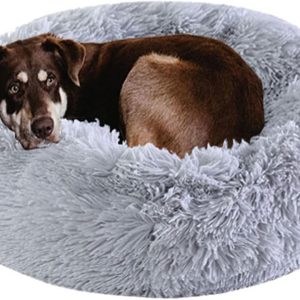 Dog Bed Calming Dog Beds for Small Medium Dogs - Round Donut Washable Dog Bed, Anti-Slip Faux Fur Fluffy Donut  Anxiety Cat Bed(Light Grey 28")