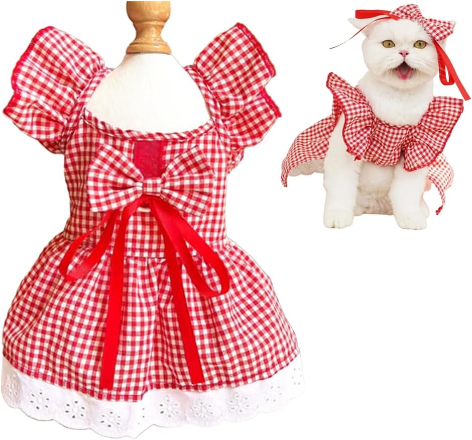 Plaid Dog Dress with Leash Ring - Girl Dog Clothes for Small Dog, Cat, Puppy - Red, Bow Decor - Holiday, Pomeranian, Yorkie, Dachshund, Chihuahua (Small)