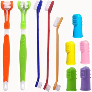10 Pack Pet Dog Toothbrush, 2 Triple Head Pet Toothbrushes 3 Double Head Tooth Brush 5 Pack Finger Rubber Toothbrushes, Multi-Angle Dental Cleaning Brushes for Dog Cat Oral Dental Health