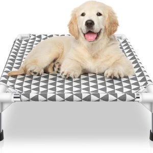Outdoor Dog Bed, Cooling Pet Cot, Small Dog Bed, Indoor/Outdoor, Easy to Assemble, Grey, Triangle Pattern, Cotton, Medium, 21x21x5 inches