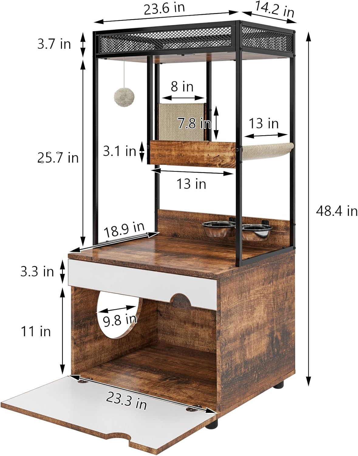 Cat Furniture Cabinet, Cat Tower, Cat Litter Box Enclosures with Cat Tree Tower, Cat Climbing Frame, Cat Furniture, Cat Cabinet (White+Vintage) - Image 2