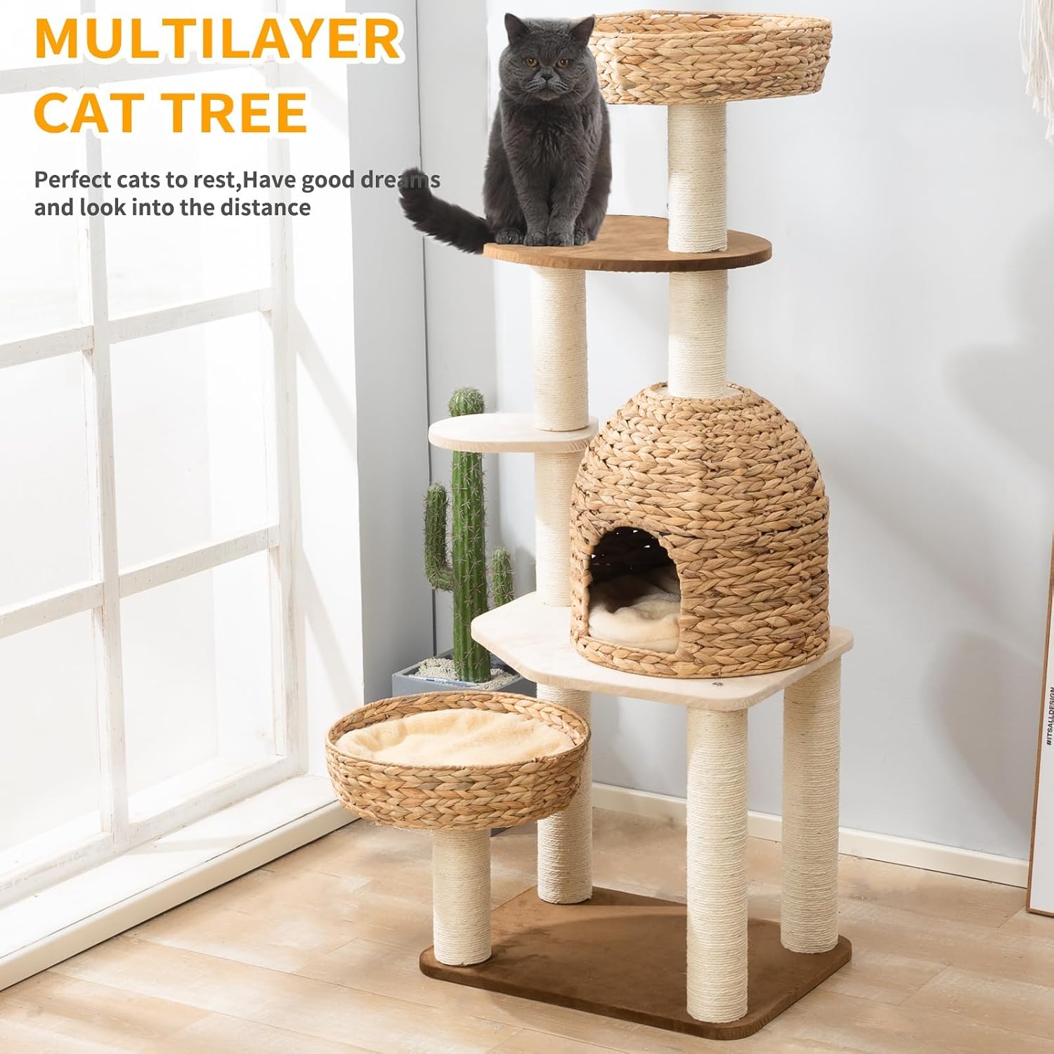 Large Wood Cat Tree Tower for Indoor Cats, Multi-Cats Scratching Post & Cat Condo with Handwoven Cat House Basket, Thick Sisal Posts, Modern Stable Cats Tower Furniture - Image 2