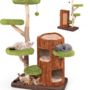 55 Inch Wood Cat Tree, Multi-Level Cat Tower with Double Decker Cat House, Scratching Posts and Sisal Board, Soft Padded Platforms, and Hanging Toy, Wooden Large Cat Tree Tower for Indoor Cats