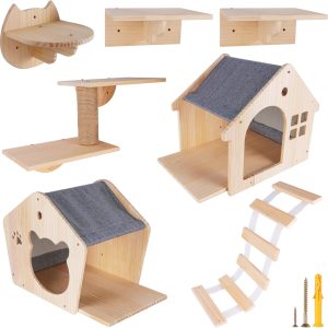 Cat Wall Furniture Cat Wall Shelves, Large Cat Climbing Shelves Set of 7 Wall Mounted Cat Furniture, with Cat Apartment, Cat Scratching Post, Perches Platform, for Cat Climbing & Resting