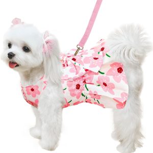 Cute Dog Dress Small Dog Clothes for Girls Female Puppy Outfits Pink Floral Pet Summer Clothes Bowknot Doggy Cat Princess Dress Harness Set for Holiday Birthday Party Costume Clothing (Pink,S)