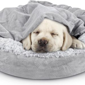 Small Dog Bed Cat Bed with Hooded Blanket, Cozy  Luxury Puppy Pet Bed, Donut Round Calming Anti-Anxiety Dog Burrow Cave Bed - Anti-Slip Bottom and Machine Washable 23 inch