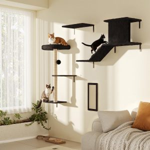 Cat Wall Shelves, Set of 5 Cat Wall Furniture Includes Scratching Post with 3 Steps, Condo, Bridge, Platform and Scratcher Board for Kittens