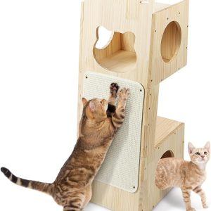 Cat Tower Scratcher, Cat House with Scratching Pad Horizontal Vertical Solid Wooden Cat Tree Furniture with Creative Cat House Condo for Indoor Cats Sunbathing, Relaxing and Sightseeing