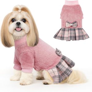 Fleece Small Dog Sweater Dress with Bowtie, Female Winter Warm Dog Clothes, Princess Sweater Dress for Small Dogs Girl (Pink, M)