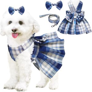 Dog Dress Bowknot Harness Leash Set for Small Dogs Girl Cute Plaid Dog Dress Pearls Bow Tie Spring Summer Princess Clothes Birthday Holiday Doggie Outfits for Puppy Cats Girl Apparel (Blue, Medium)