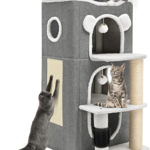 3-Tier Cat House, Cat Beds for Indoor Cats, Modern Cat Condo with Highway Cave, Scratch & Itching Post, Climbing Stand, Cat Cube Playhouse for Multi Kittens, Grey