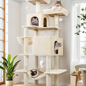 Cat Tree Tower, 76-Inch Extra Tall Multi-Level Cat Furniture with Cozy Condos, Hammock and Perches for Adult Cats, Perfect for Climbing, Scratching, and Play, , Beige